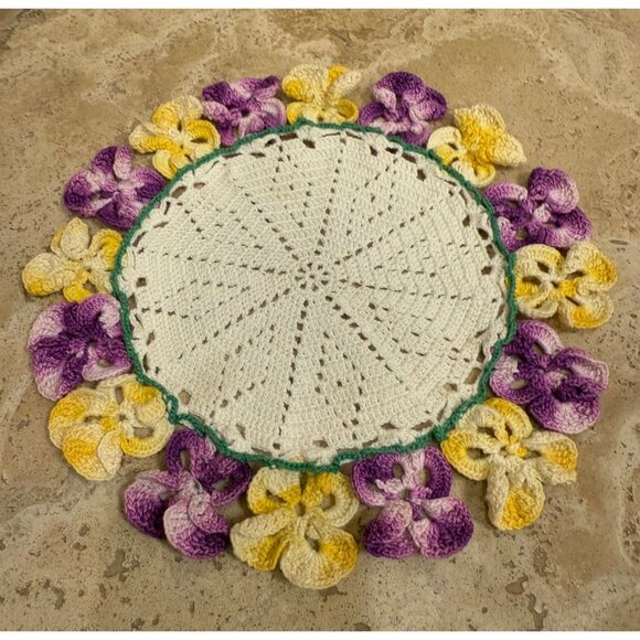 Handmade Crochet Doilies Set Of 2 With Floral Patterns In Blue/White/Green & Pur - Picture 5 of 7